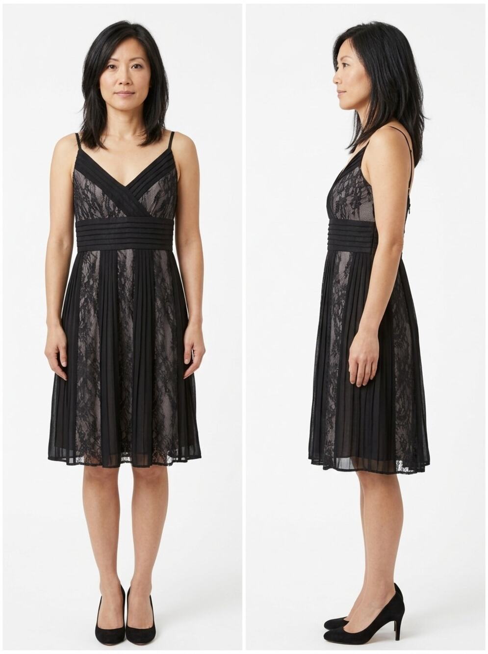 Ann Taylor Loft Black A-Line Knee Length Pleated Lace Dress Women Size 0P